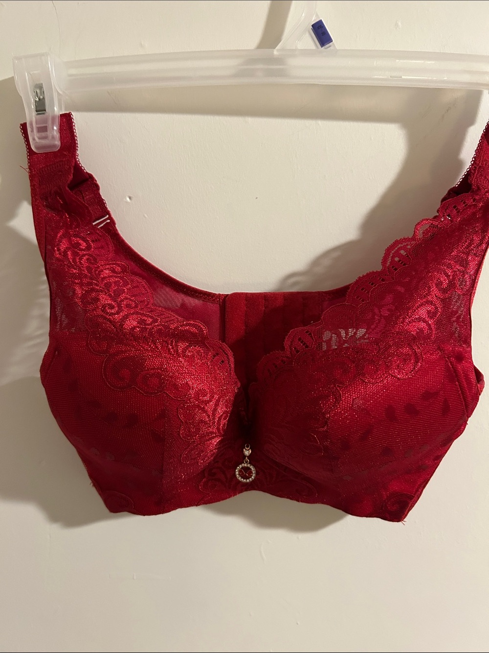 Women's Red Lace Full-Coverage Bra with Decorative Charm